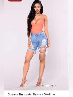 Fashion Nova Medium Blue Wash Distressed Bermuda Shorts